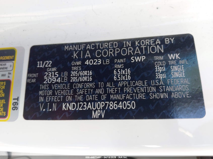 2023 Kia Soul Lx VIN: KNDJ23AU0P7864050 Lot: 44871451