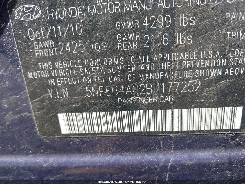 2011 Hyundai Sonata Gls VIN: 5NPEB4AC2BH177252 Lot: 44871455