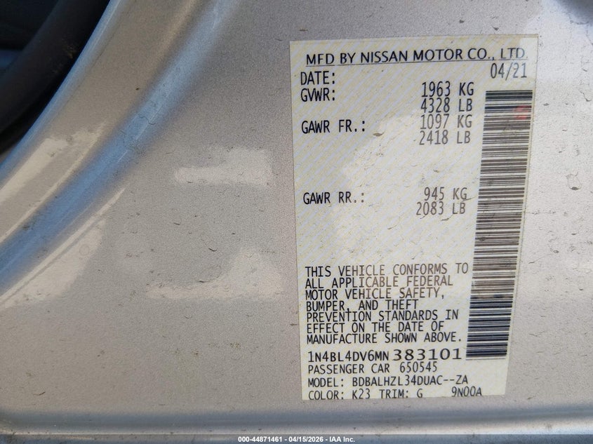 2021 Nissan Altima Sv Fwd VIN: 1N4BL4DV6MN383101 Lot: 44871461