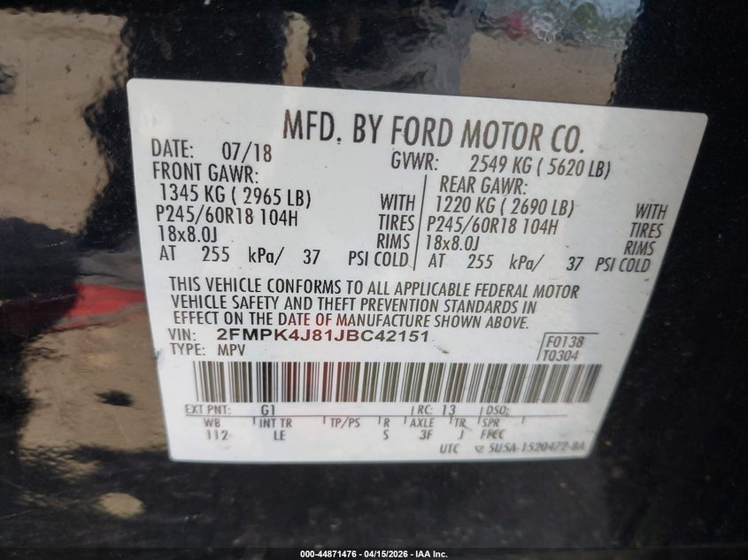 2018 Ford Edge Sel VIN: 2FMPK4J81JBC42151 Lot: 44871476