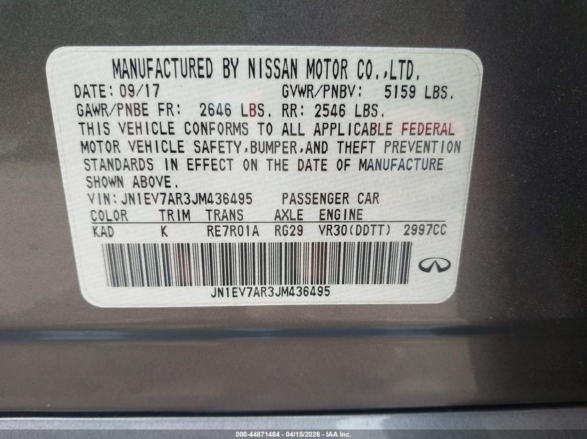 2018 Infiniti Q50 3.0T Luxe VIN: JN1EV7AR3JM436495 Lot: 44871484