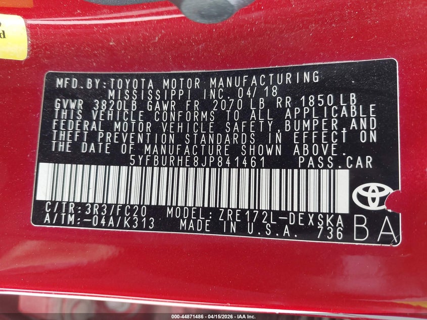 2018 Toyota Corolla Se VIN: 5YFBURHE8JP841461 Lot: 44871486