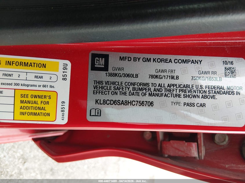 2017 Chevrolet Spark 1Lt Cvt VIN: KL8CD6SA8HC756706 Lot: 44871489