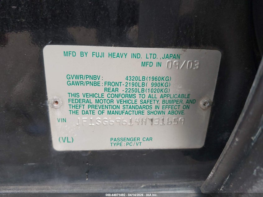 2004 Subaru Forester 2.5Xt VIN: JF1SG69614H731659 Lot: 44871492