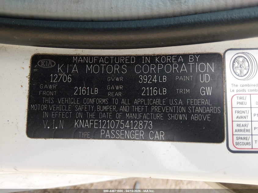 2007 Kia Spectra Ex VIN: KNAFE121075412873 Lot: 44871500