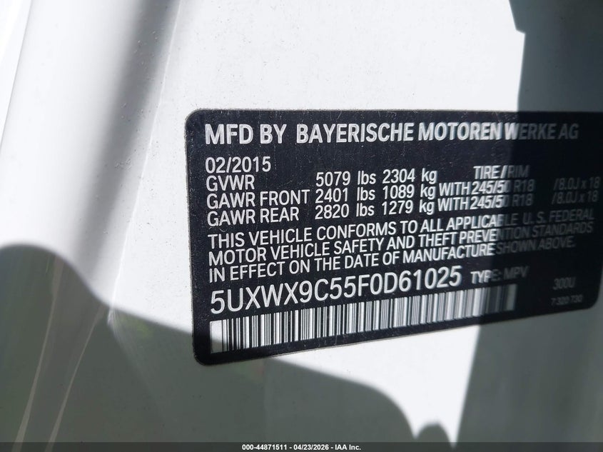 2015 BMW X3 xDrive28I VIN: 5UXWX9C55F0D61025 Lot: 44871511