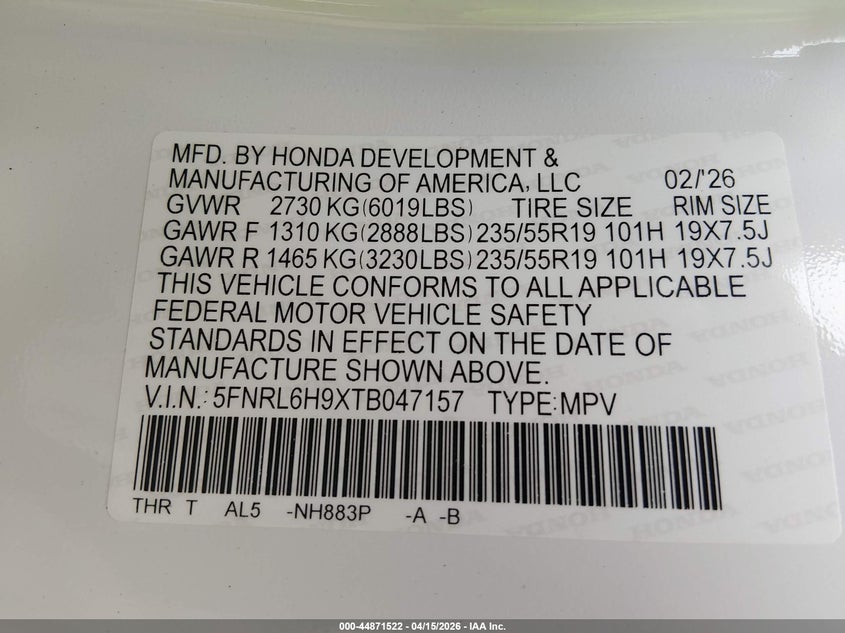2026 Honda Odyssey Elite VIN: 5FNRL6H9XTB047157 Lot: 44871522