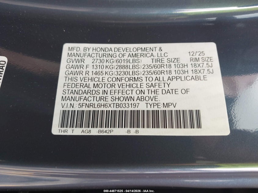 2026 HONDA ODYSSEY VAN 3.5L V-6 DI, VVT, 280HP