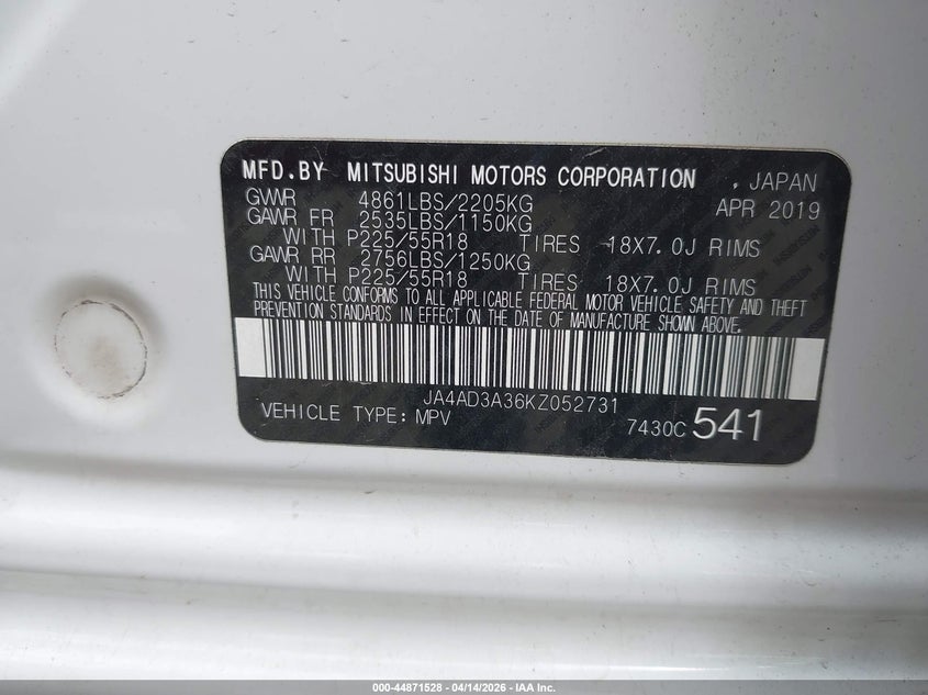 2019 Mitsubishi Outlander Sel VIN: JA4AD3A36KZ052731 Lot: 44871528