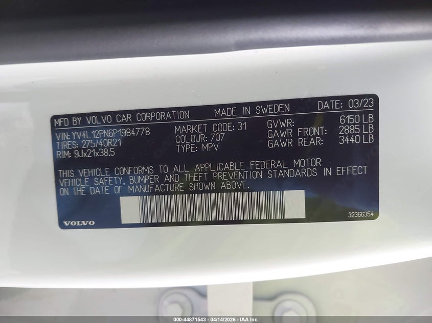 2023 Volvo Xc90 B5 Plus VIN: YV4L12PN6P1984778 Lot: 44871543