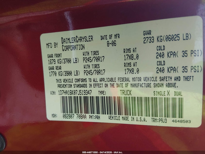 2007 Dodge Ram 1500 St VIN: 1D7HA16K07J519347 Lot: 44871550