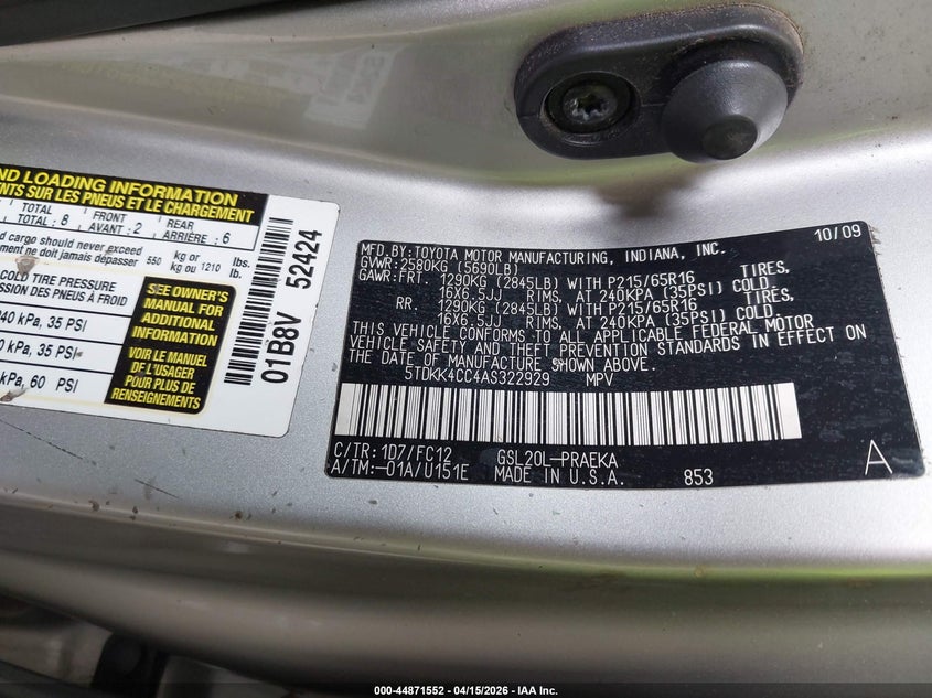 2010 Toyota Sienna Le VIN: 5TDKK4CC4AS322929 Lot: 44871552