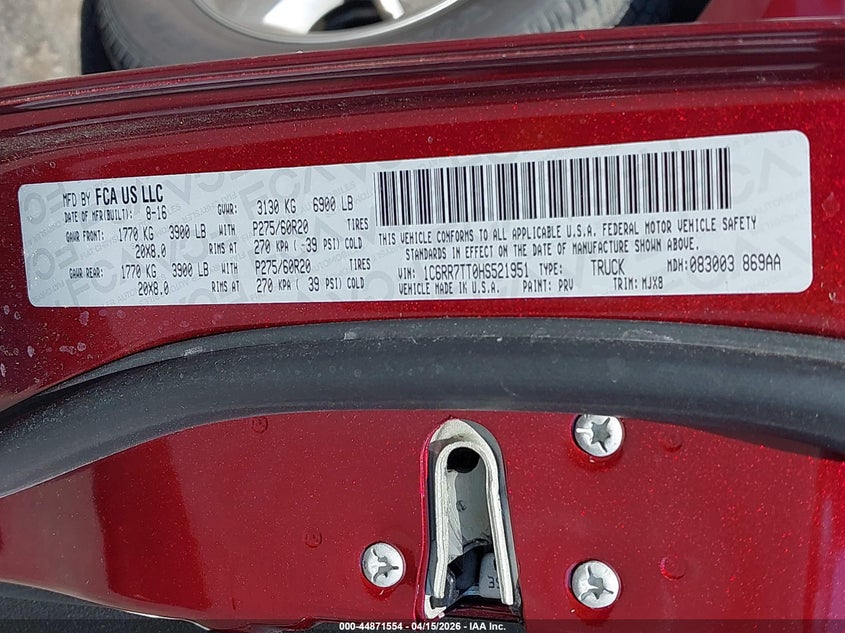 2017 Ram 1500 Big Horn 4X4 6'4 Box VIN: 1C6RR7TT0HS521951 Lot: 44871554