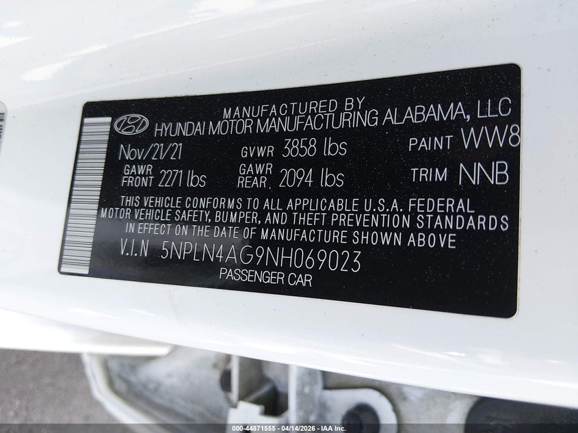 2022 Hyundai Elantra Sel VIN: 5NPLN4AG9NH069023 Lot: 44871555