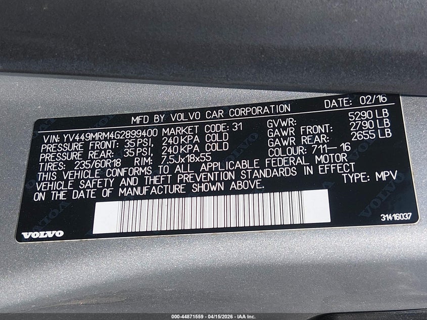 2016 Volvo Xc60 T6 Drive-E Platinum VIN: YV449MRM4G2899400 Lot: 44871559