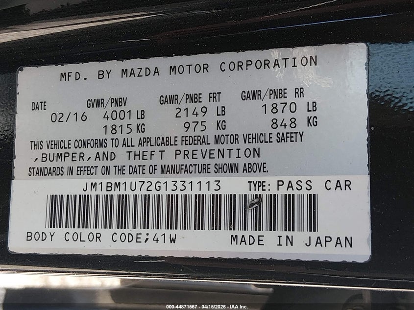 2016 Mazda Mazda3 I Sport VIN: JM1BM1U72G1331113 Lot: 44871567