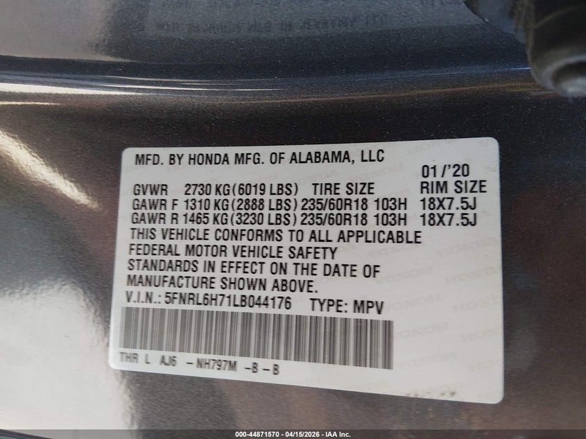 2020 Honda Odyssey Ex-L/Ex-L W/Navi Res VIN: 5FNRL6H71LB044176 Lot: 44871570