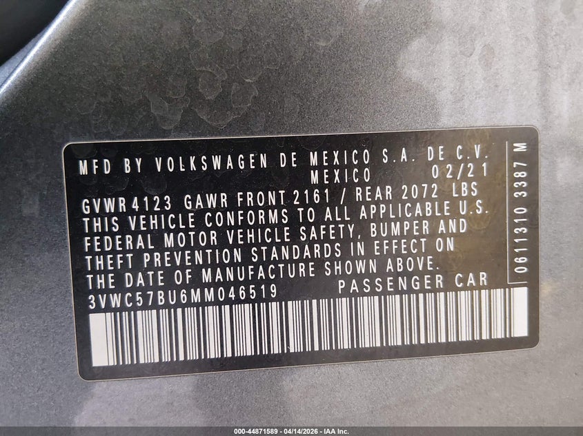 2021 Volkswagen Jetta 1.4T R-Line/1.4T S/1.4T Se VIN: 3VWC57BU6MM046519 Lot: 44871589