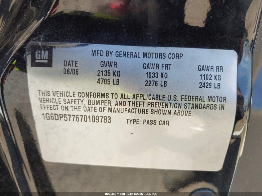 2007 Cadillac Cts Standard VIN: 1G6DP577670109783 Lot: 44871600