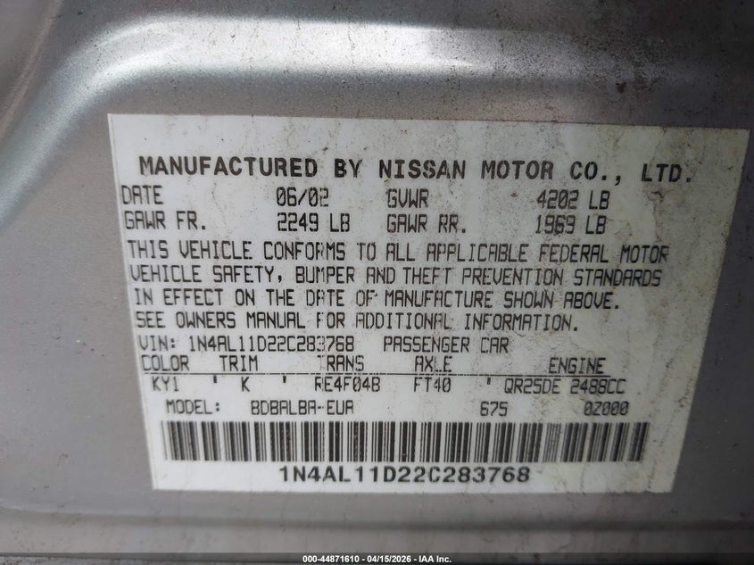 2002 Nissan Altima 2.5 S VIN: 1N4AL11D22C283768 Lot: 44871610
