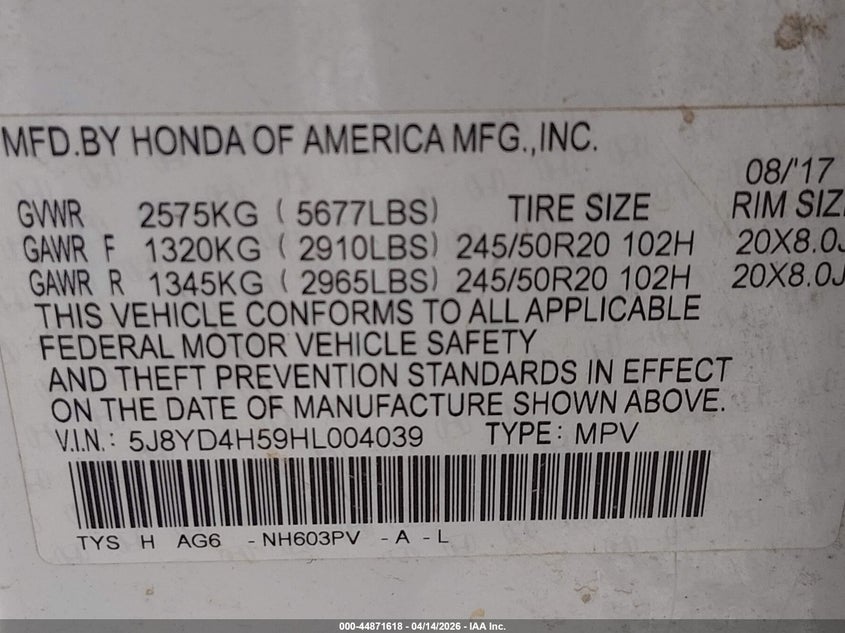 2017 Acura Mdx Technology Package VIN: 5J8YD4H59HL004039 Lot: 44871618