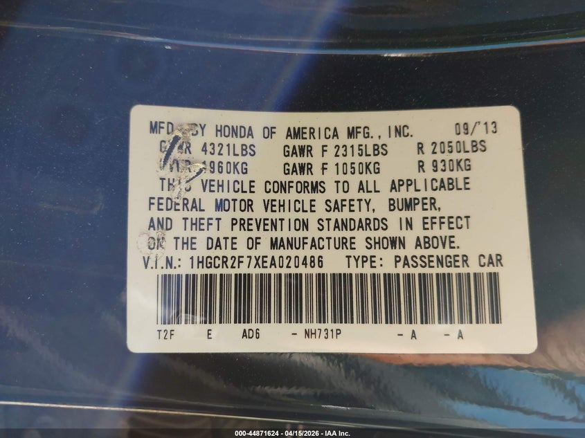 2014 Honda Accord Ex VIN: 1HGCR2F7XEA020486 Lot: 44871624