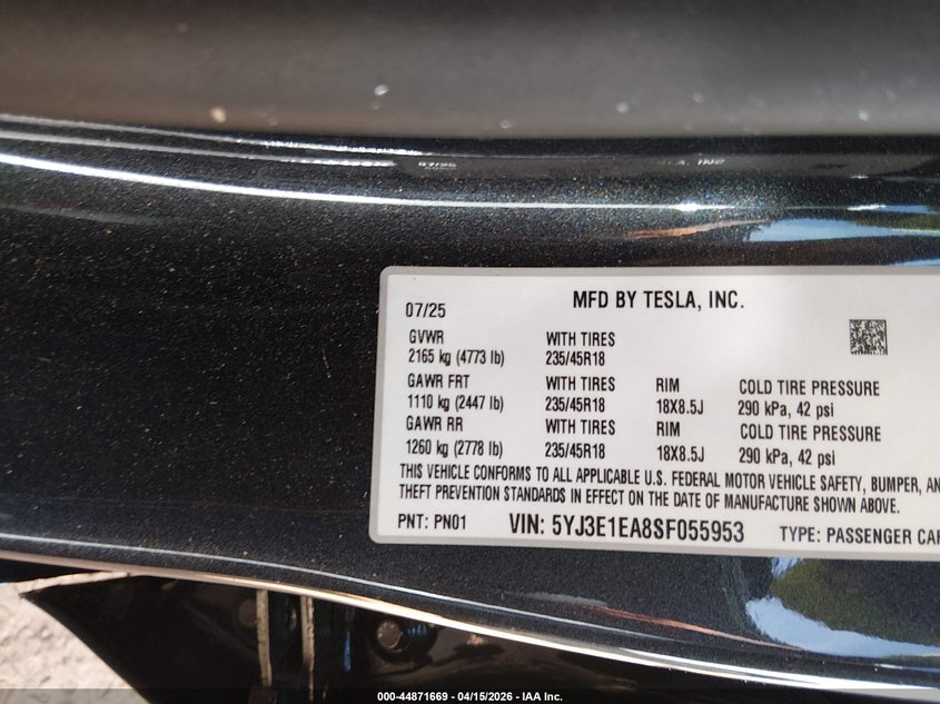 2025 Tesla Model 3 Long Range Rear-Wheel Drive/Standard Rear-Wheel Drive black Lot 111044871669 Vin 5YJ3E1EA8SF055953