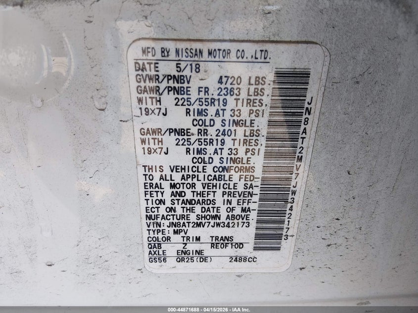 2018 Nissan Rogue Sl VIN: JN8AT2MV7JW342173 Lot: 44871688