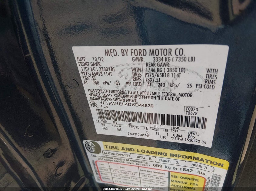 2013 Ford F-150 5.0 Xlt blue Lot 111044871695 Vin 1FTFW1EF4DKD44839