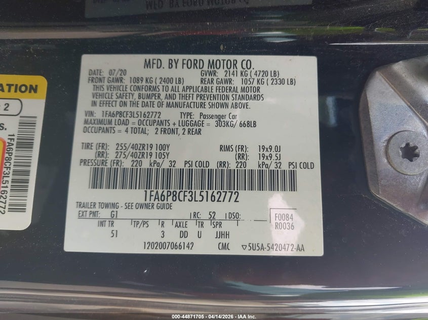 2020 Ford Mustang 5.0 Gt Premium Fastback black Lot 111044871705 Vin 1FA6P8CF3L5162772