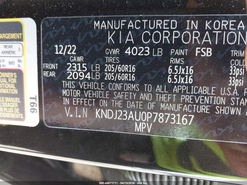 2023 Kia Soul Lx VIN: KNDJ23AU0P7873167 Lot: 44871711