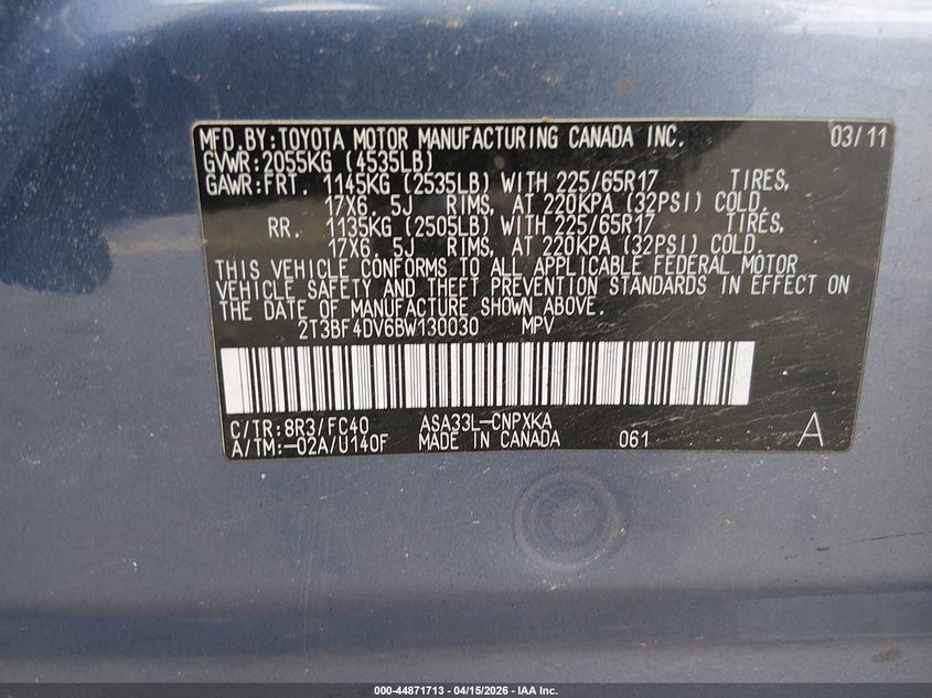 2011 Toyota Rav4 VIN: 2T3BF4DV6BW130030 Lot: 44871713