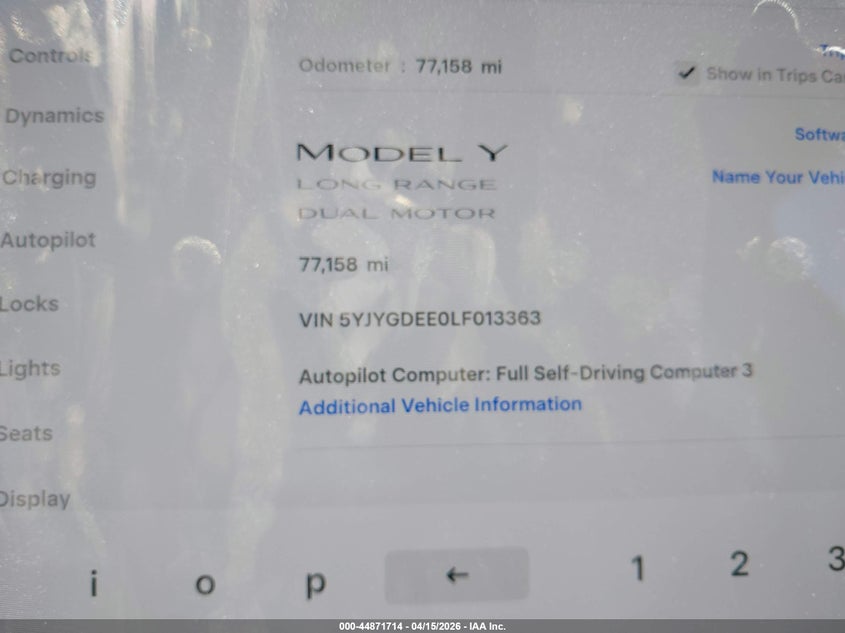 2020 Tesla Model Y Long Range Dual Motor All-Wheel Drive VIN: 5YJYGDEE0LF013363 Lot: 44871714