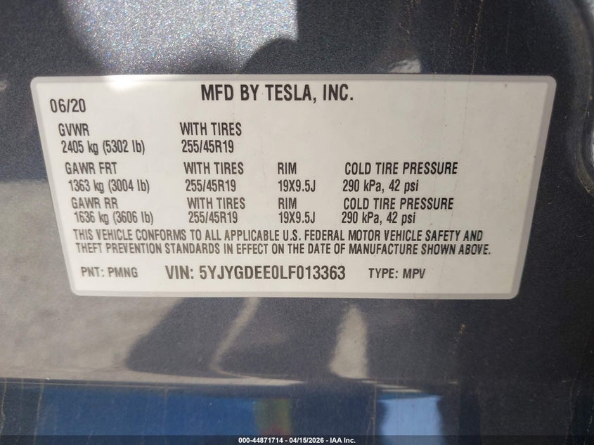 2020 Tesla Model Y Long Range Dual Motor All-Wheel Drive VIN: 5YJYGDEE0LF013363 Lot: 44871714