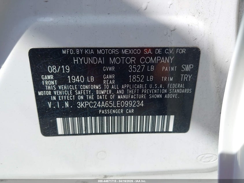 2020 Hyundai Accent 1.6 Se white Lot 111044871715 Vin 3KPC24A65LE099234