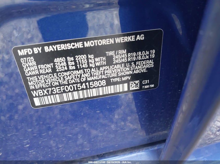 2026 BMW X1 xDrive28I VIN: WBX73EF00T5415808 Lot: 44871716