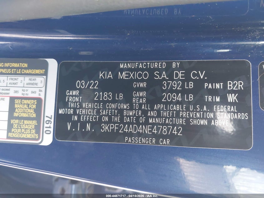 2022 Kia Forte Lxs VIN: 3KPF24AD4NE478742 Lot: 44871717