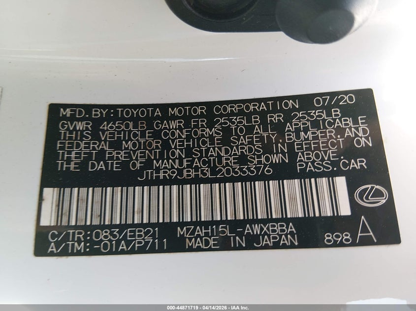 2020 Lexus Ux 250H F Sport VIN: JTHR9JBH3L2033376 Lot: 44871719