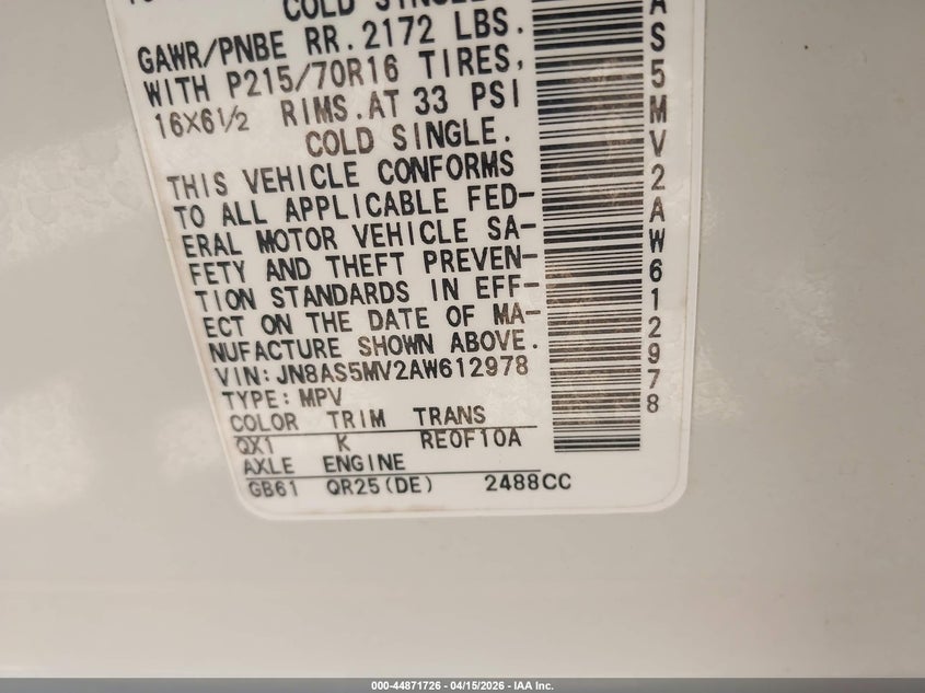 2010 Nissan Rogue S VIN: JN8AS5MV2AW612978 Lot: 44871726