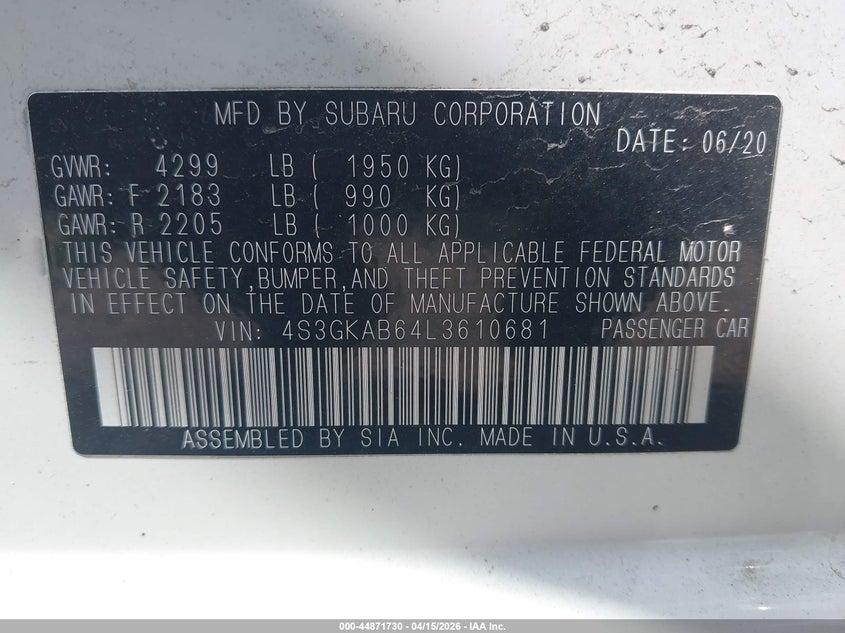 2020 Subaru Impreza Sedan VIN: 4S3GKAB64L3610681 Lot: 44871730