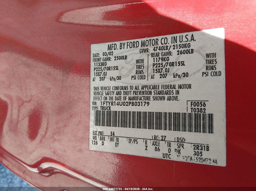 2002 Ford Ranger VIN: 1FTYR14U02PB03179 Lot: 44871733