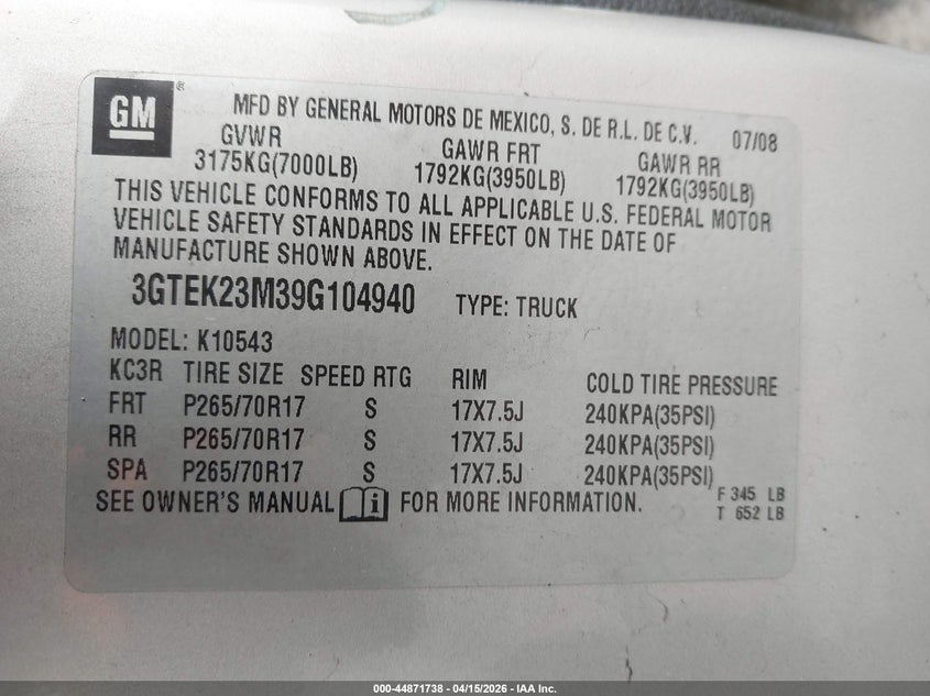 2009 GMC Sierra 1500 Sle VIN: 3GTEK23M39G104940 Lot: 44871738