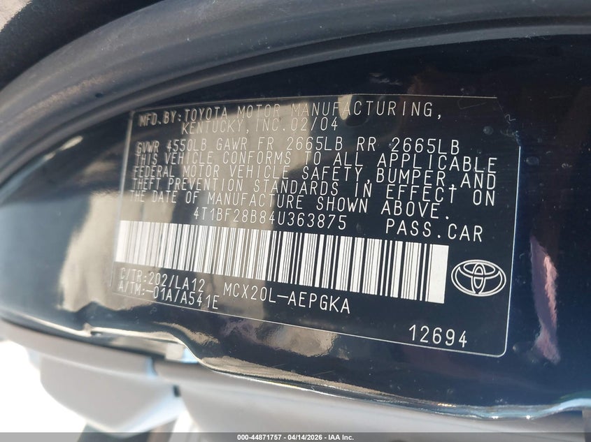 2004 Toyota Avalon Xls VIN: 4T1BF28B84U363875 Lot: 44871757