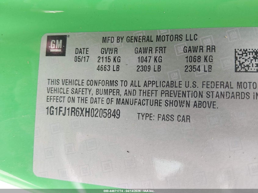 2017 Chevrolet Camaro Zl1 VIN: 1G1FJ1R6XH0205849 Lot: 44871774