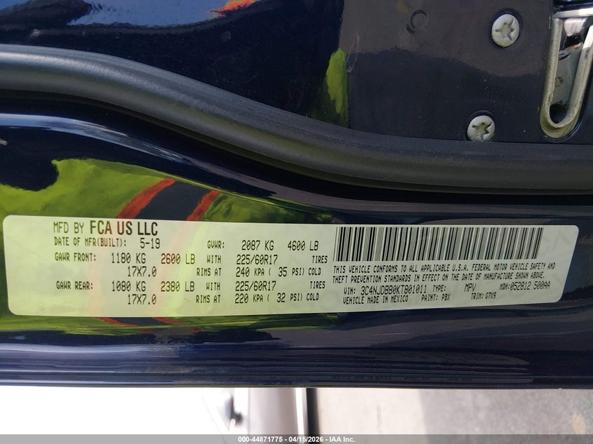 2019 Jeep Compass Latitude 4X4 VIN: 3C4NJDBB0KT801011 Lot: 44871775