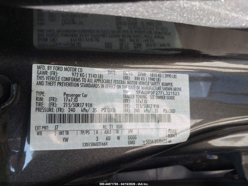 2015 Ford Focus Se VIN: 1FADP3F27FL321523 Lot: 44871785