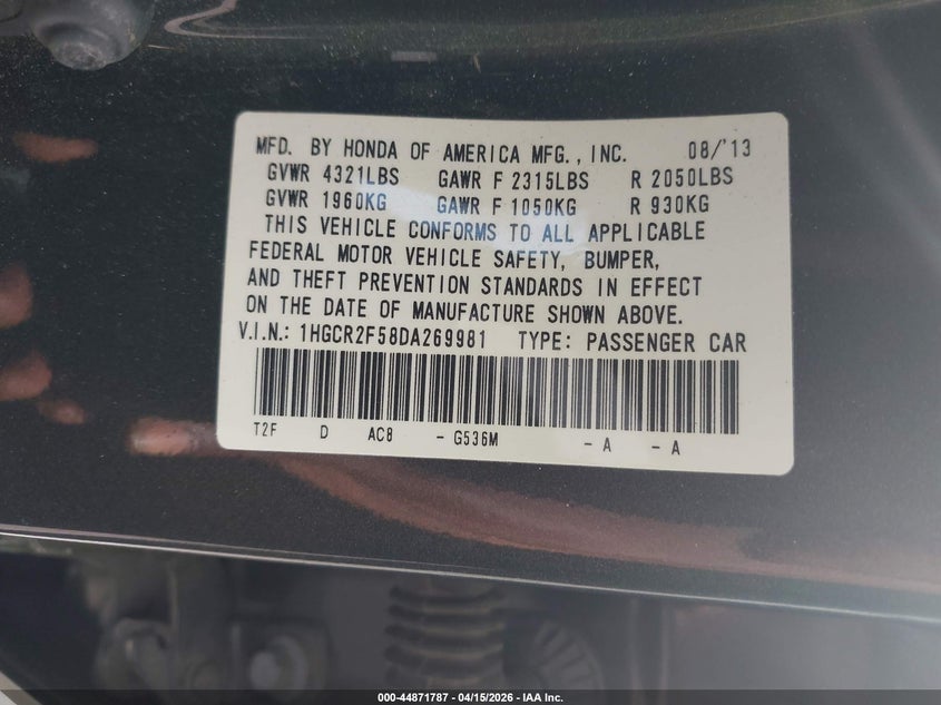 2013 Honda Accord Sport VIN: 1HGCR2F58DA269981 Lot: 44871787