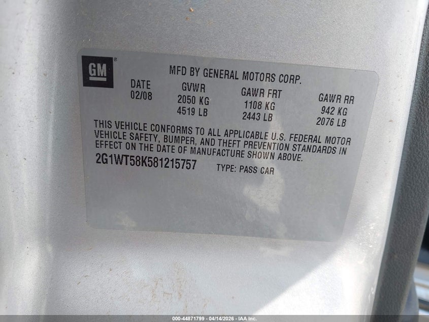 2008 Chevrolet Impala Lt VIN: 2G1WT58K581215757 Lot: 44871799
