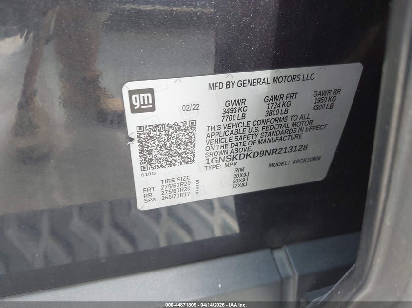 2022 Chevrolet Suburban 4Wd Z71 VIN: 1GNSKDKD9NR213128 Lot: 44871809