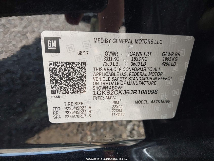 2018 GMC Yukon Denali VIN: 1GKS2CKJ6JR108098 Lot: 44871816